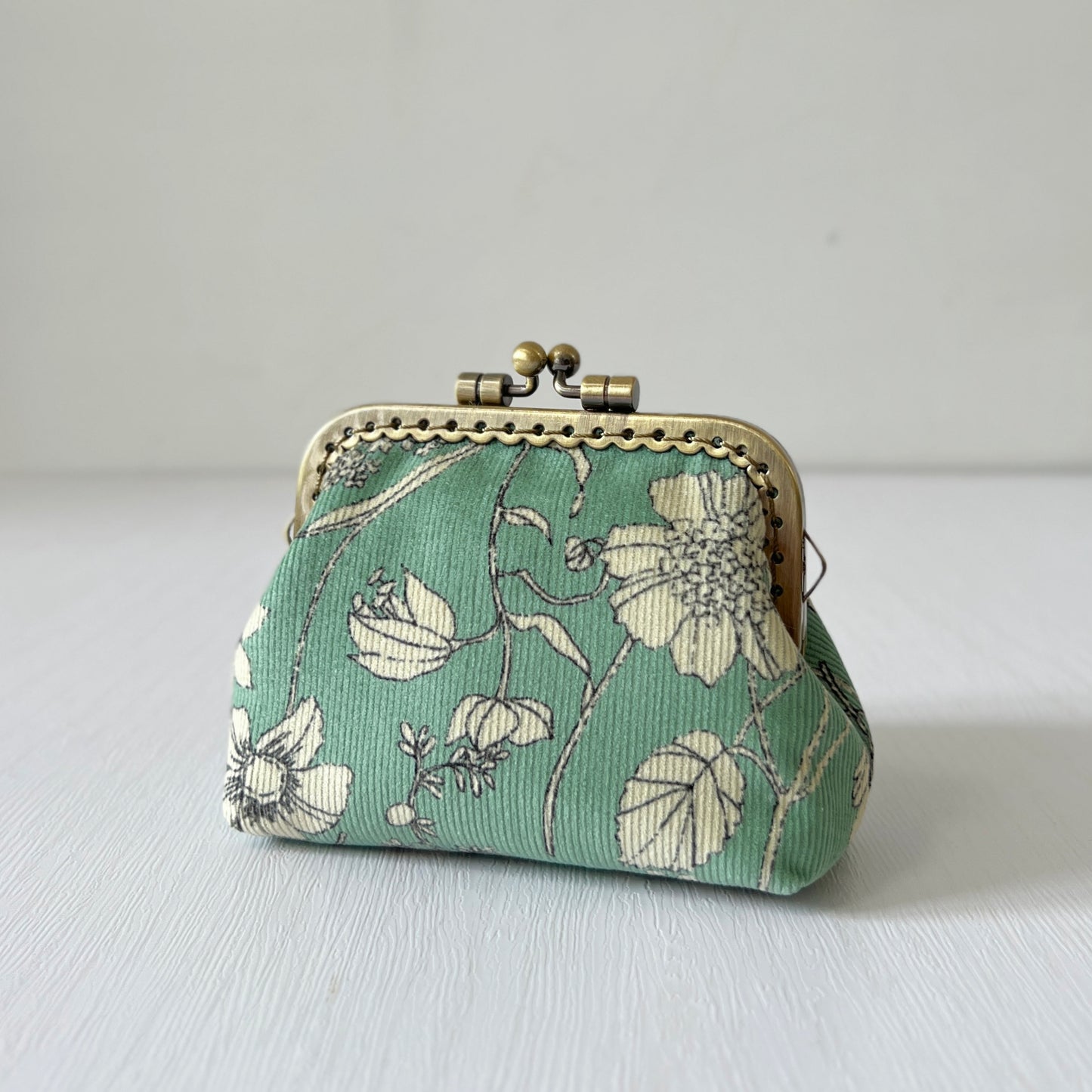 Mint Green Floral Fabric Kiss Lock Purse - Handmade Accessory Pouch