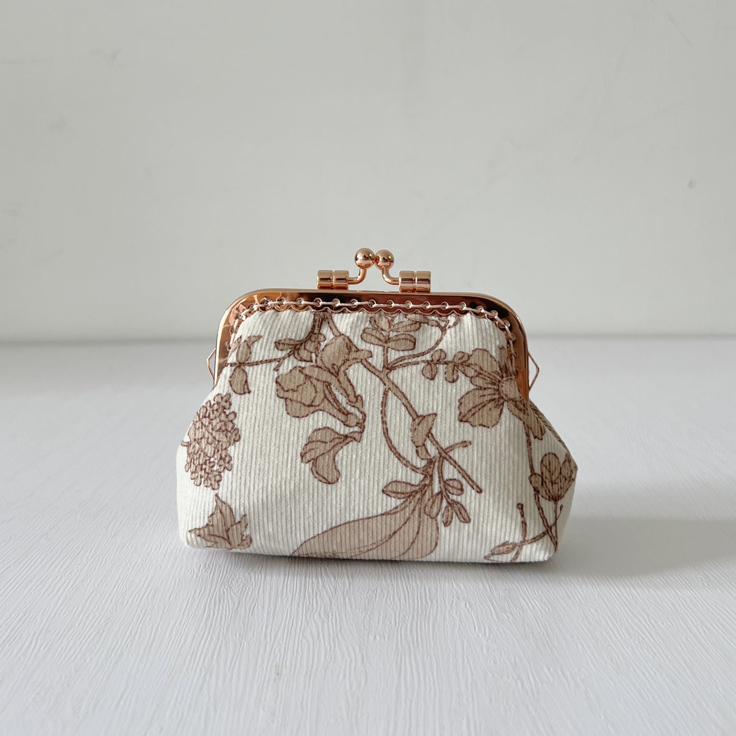 Beige Cream Floral Fabric Kiss Lock Purse - Handmade Accessory Purse