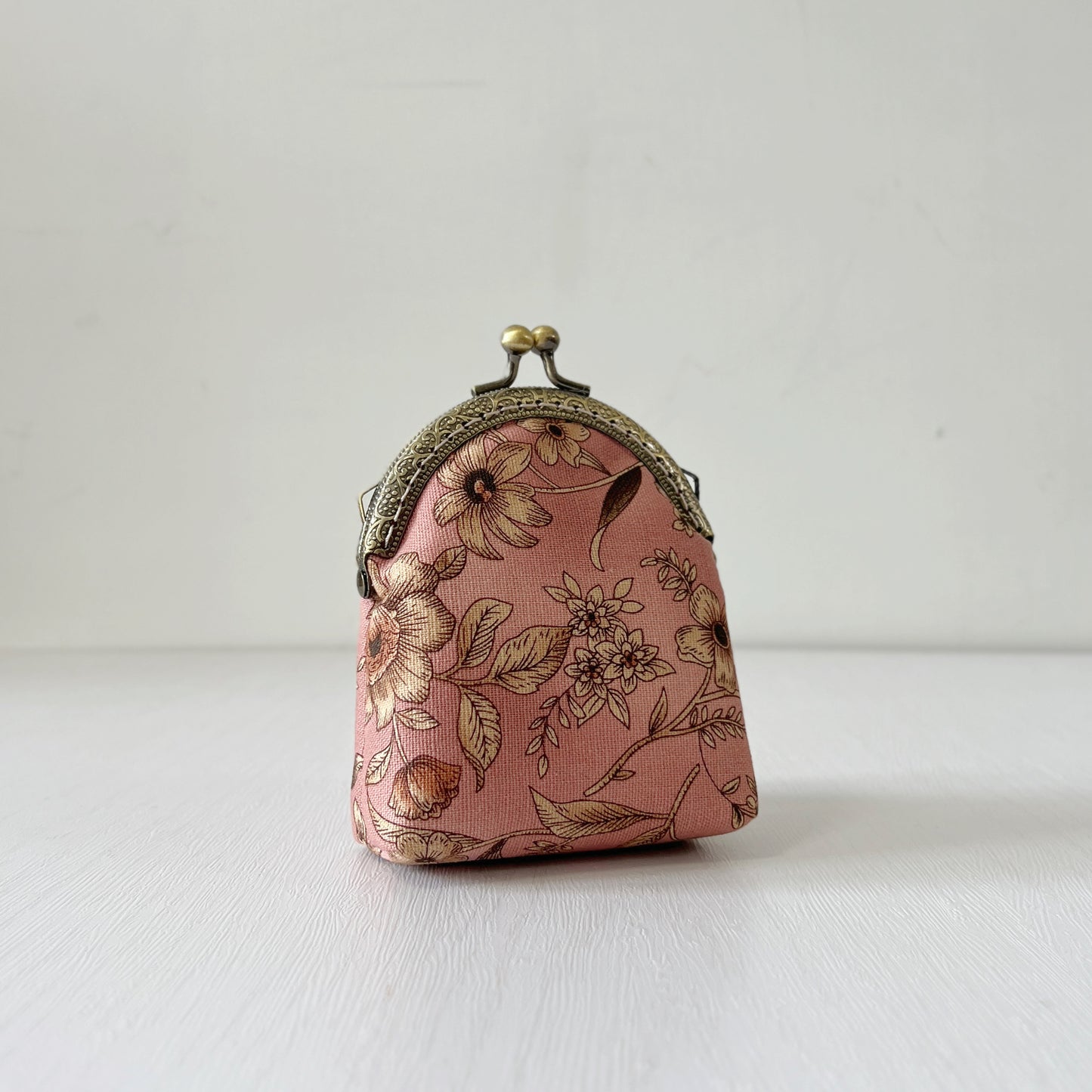 Old Pink Floral Fabric Kiss Lock Purse - Handmade Accessory Pink Fabric Pouch