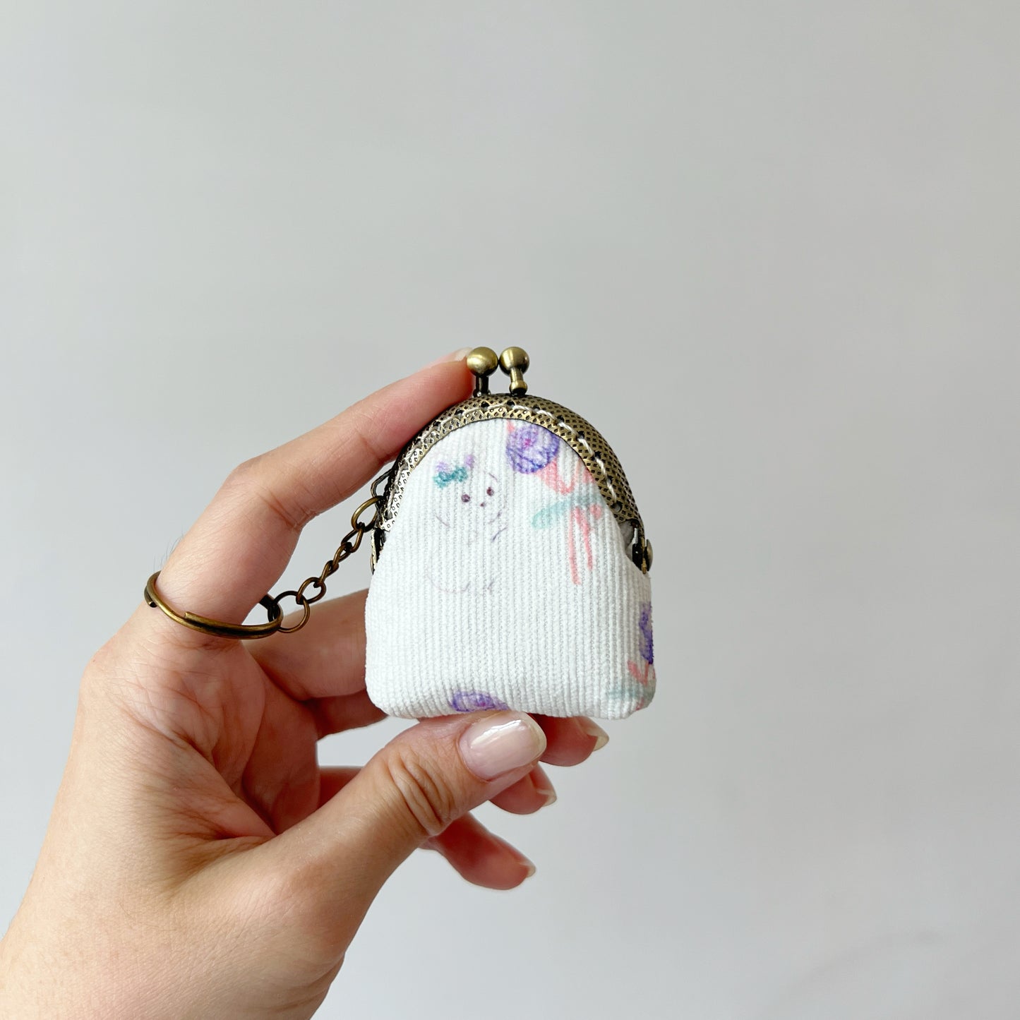 White Bunny - Handsewn Half Round Tiny Kiss Lock Purse Keychain