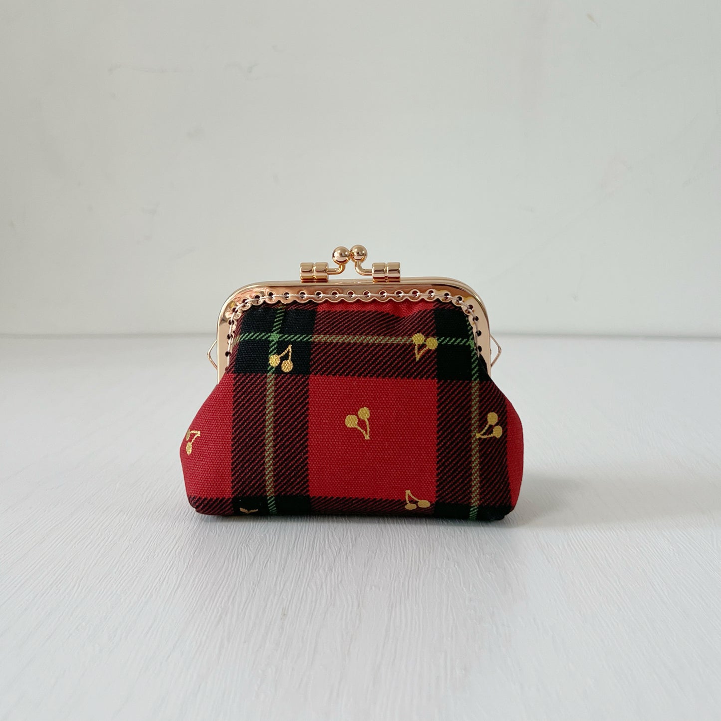 Red Tartan Gold Cherries Fabric Kiss Lock Purse - Handmade Accessory Purse