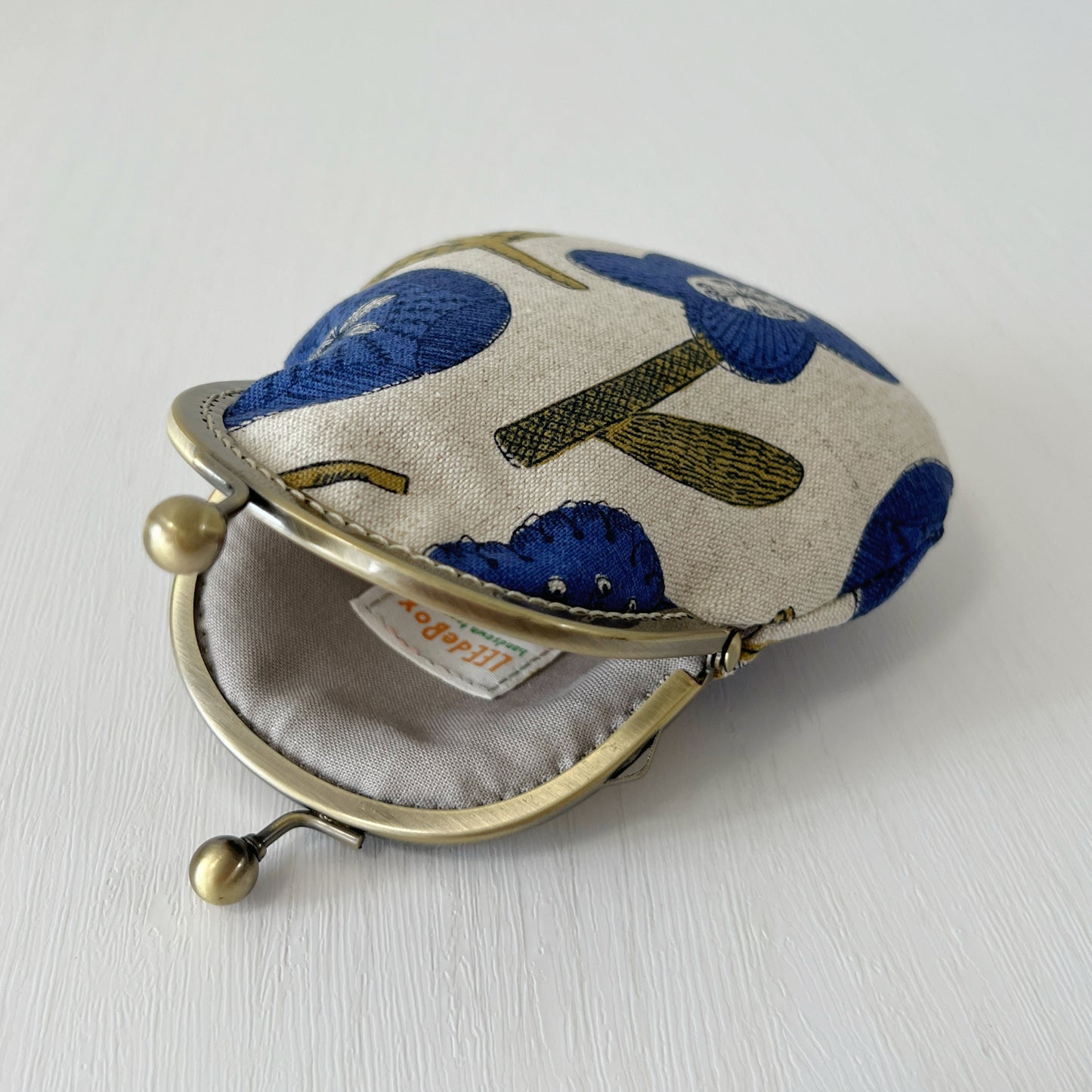Cotton Canvas Blue Floral Fabric Kiss Lock Purse - Handmade Accessory Fabric Pouch