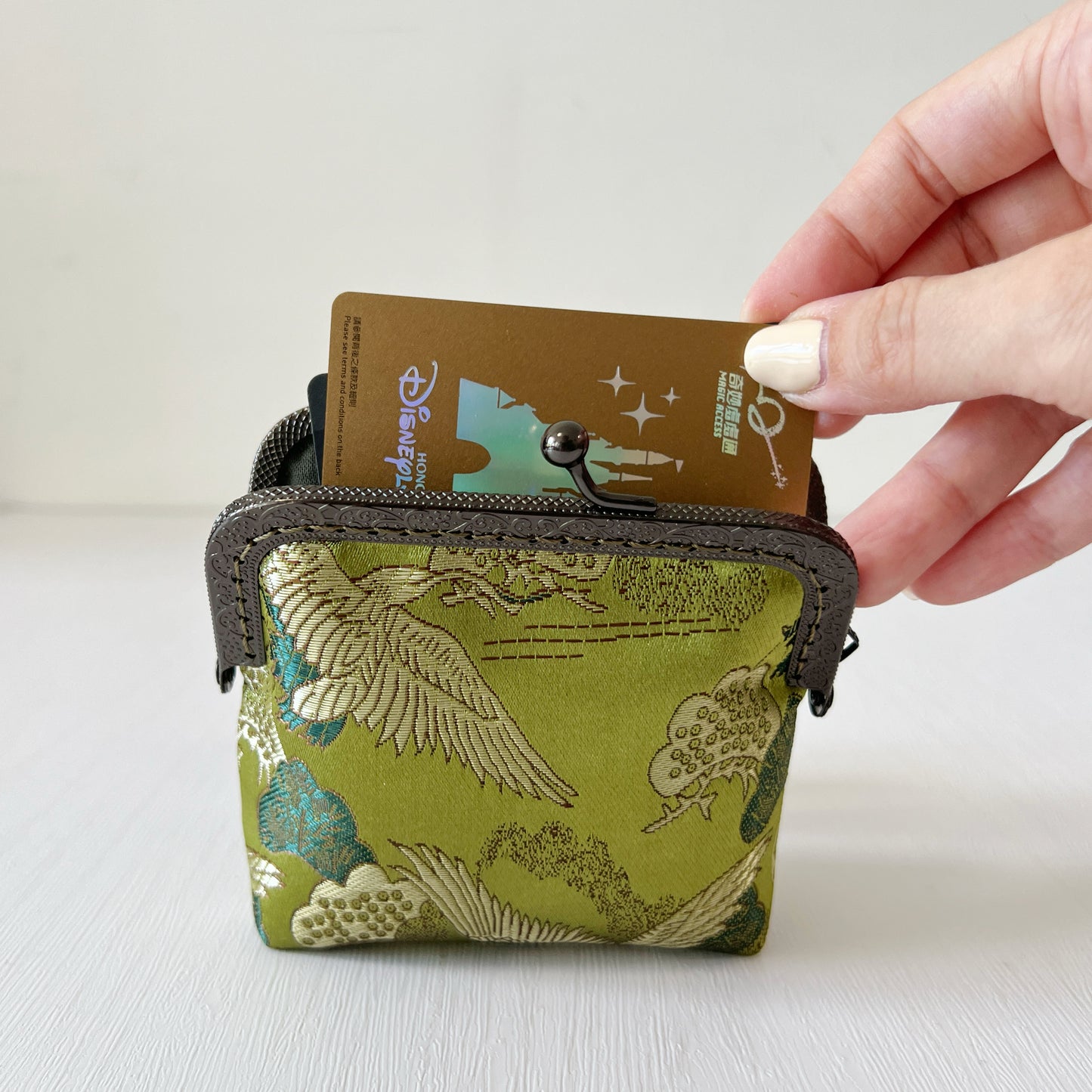 Olive Green Cranes - Handmade Kiss Lock Card Purse