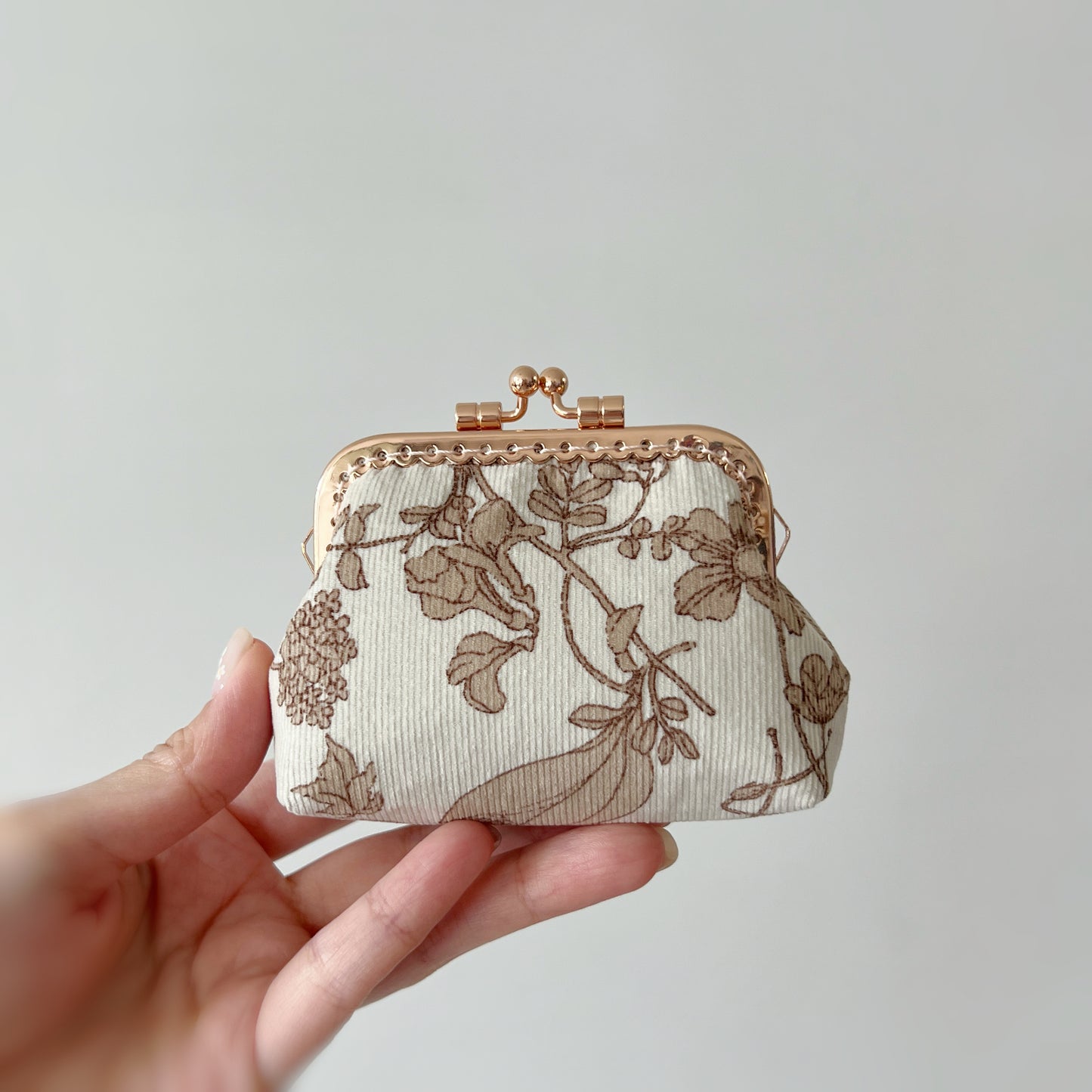 Beige Cream Floral Fabric Kiss Lock Purse - Handmade Accessory Purse