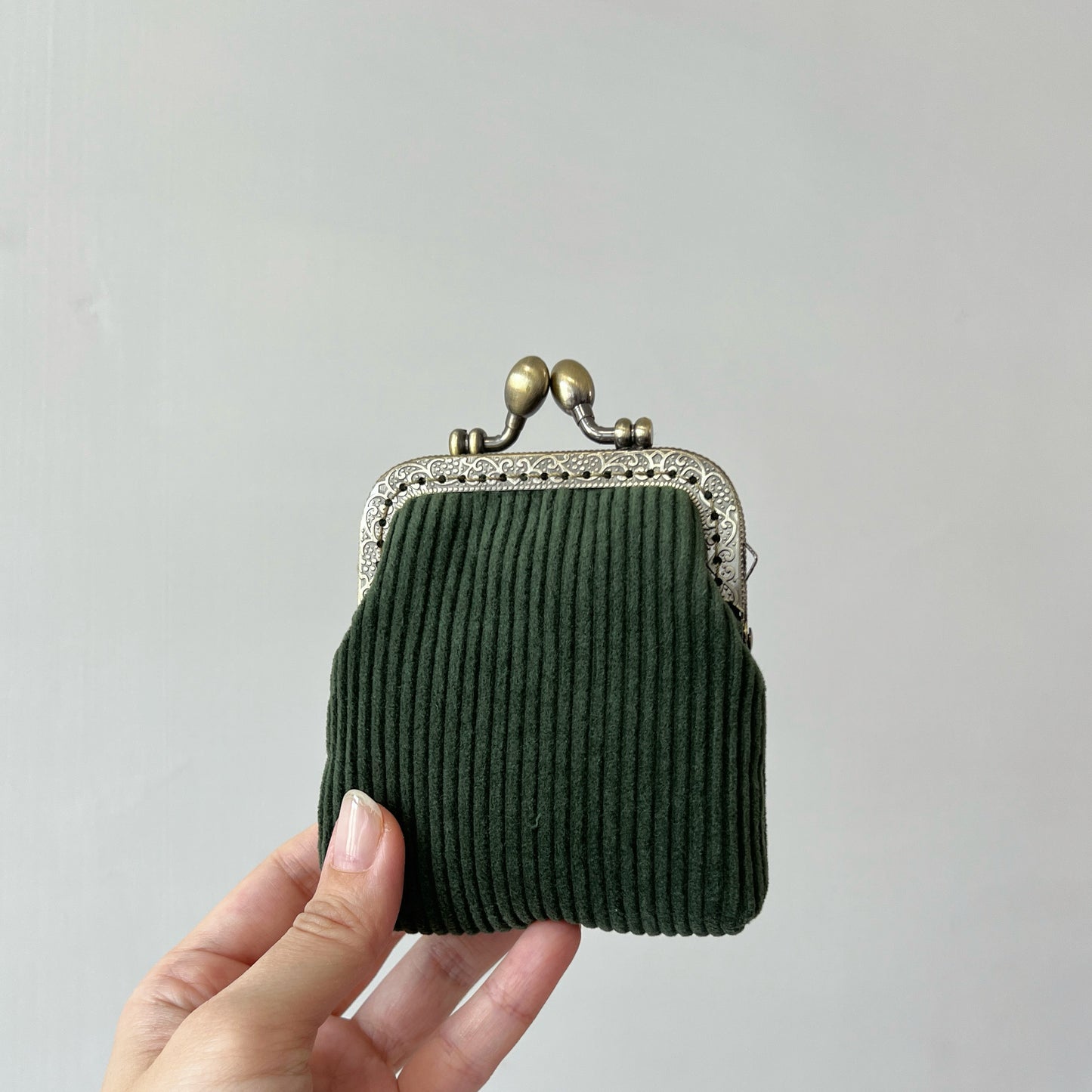 Green Corduroy Card Purse - Handsewn Kiss Lock Purse