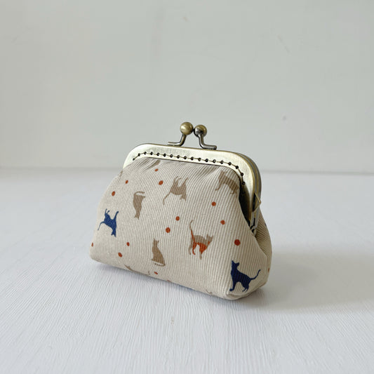 Beige Cats Corduroy Fabric Kiss Lock Purse - Handmade Accessory Purse
