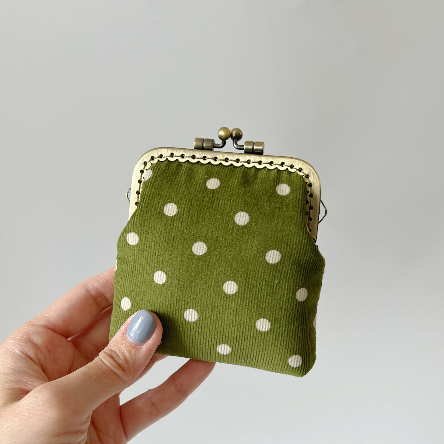 Olive Green Corduroy Polka Dots Card Purse - Handsewn Kiss Lock Purse