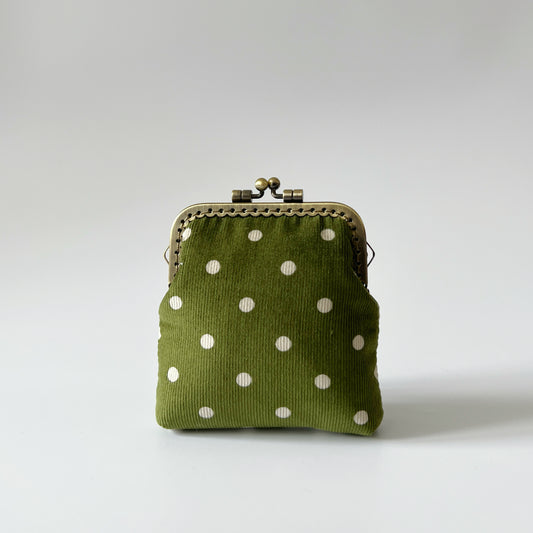 Olive Green Corduroy Polka Dots Card Purse - Handsewn Kiss Lock Purse