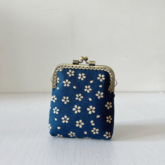 Blue Cherry Blossom - Handsewn Kiss Lock Fabric Purse - Cotton