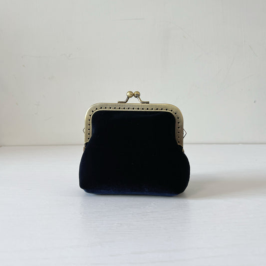 Deep Blue Flannel Velvet Card Purse - Handsewn Kiss Lock Purse