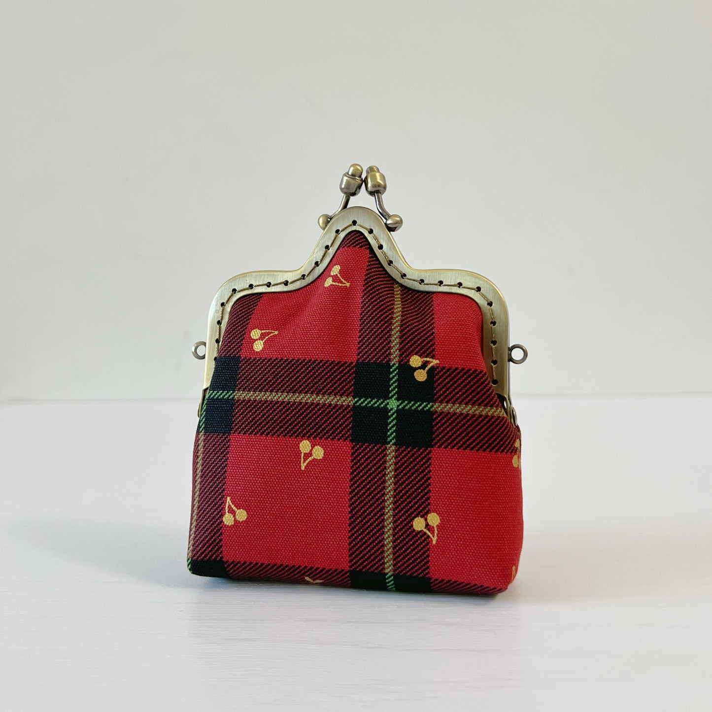 Red Tartan Cherries - Handmade Kiss Lock Crossbody Small Purse