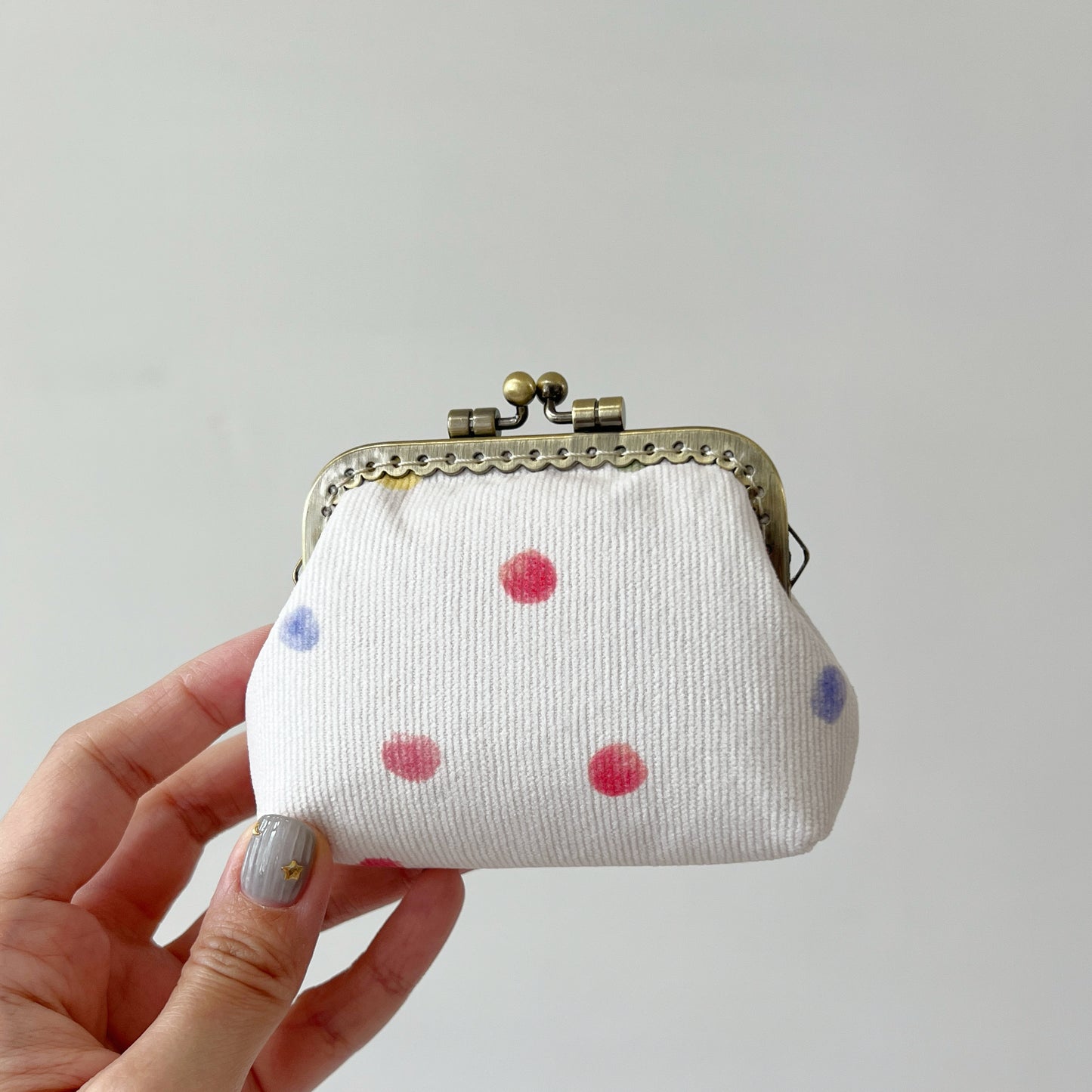 White Colour Dots Corduroy Fabric Kiss Lock Purse - Handmade Accessory Purse