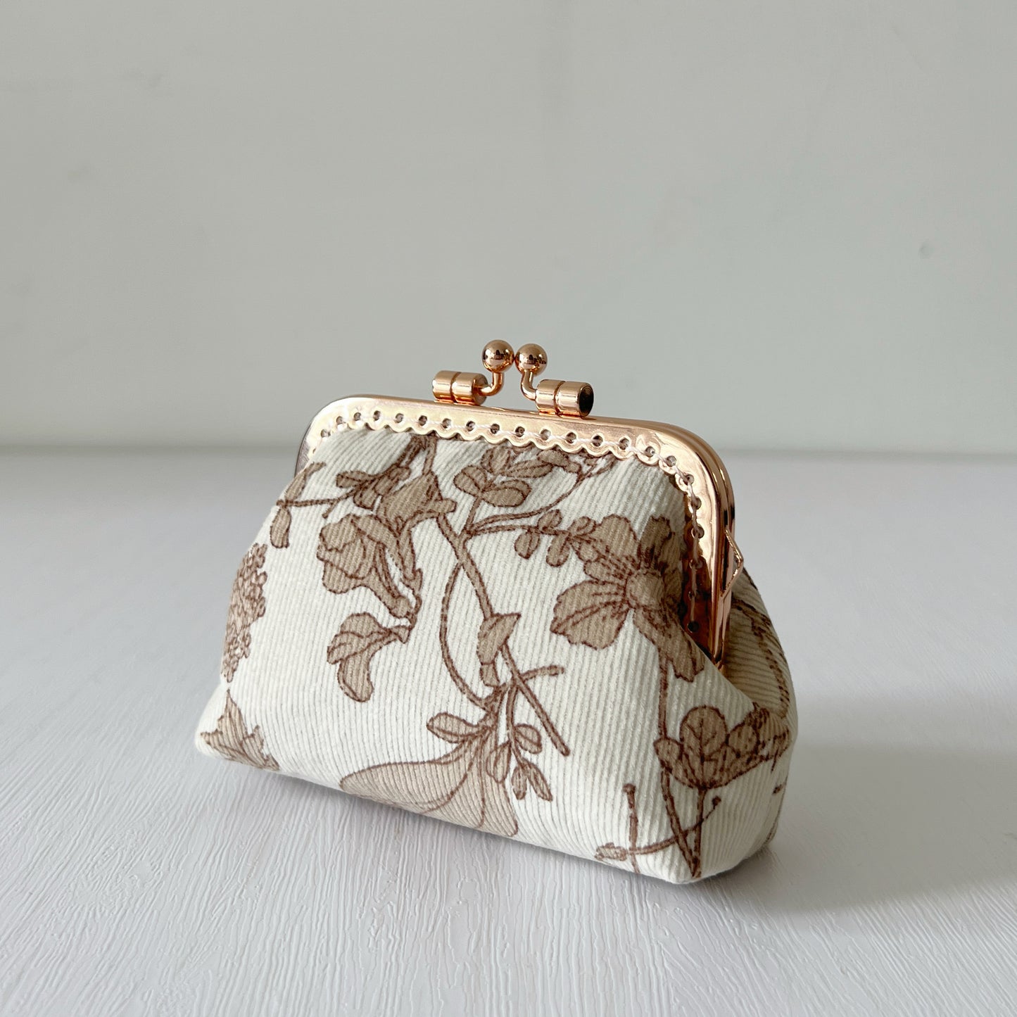Beige Cream Floral Fabric Kiss Lock Purse - Handmade Accessory Purse