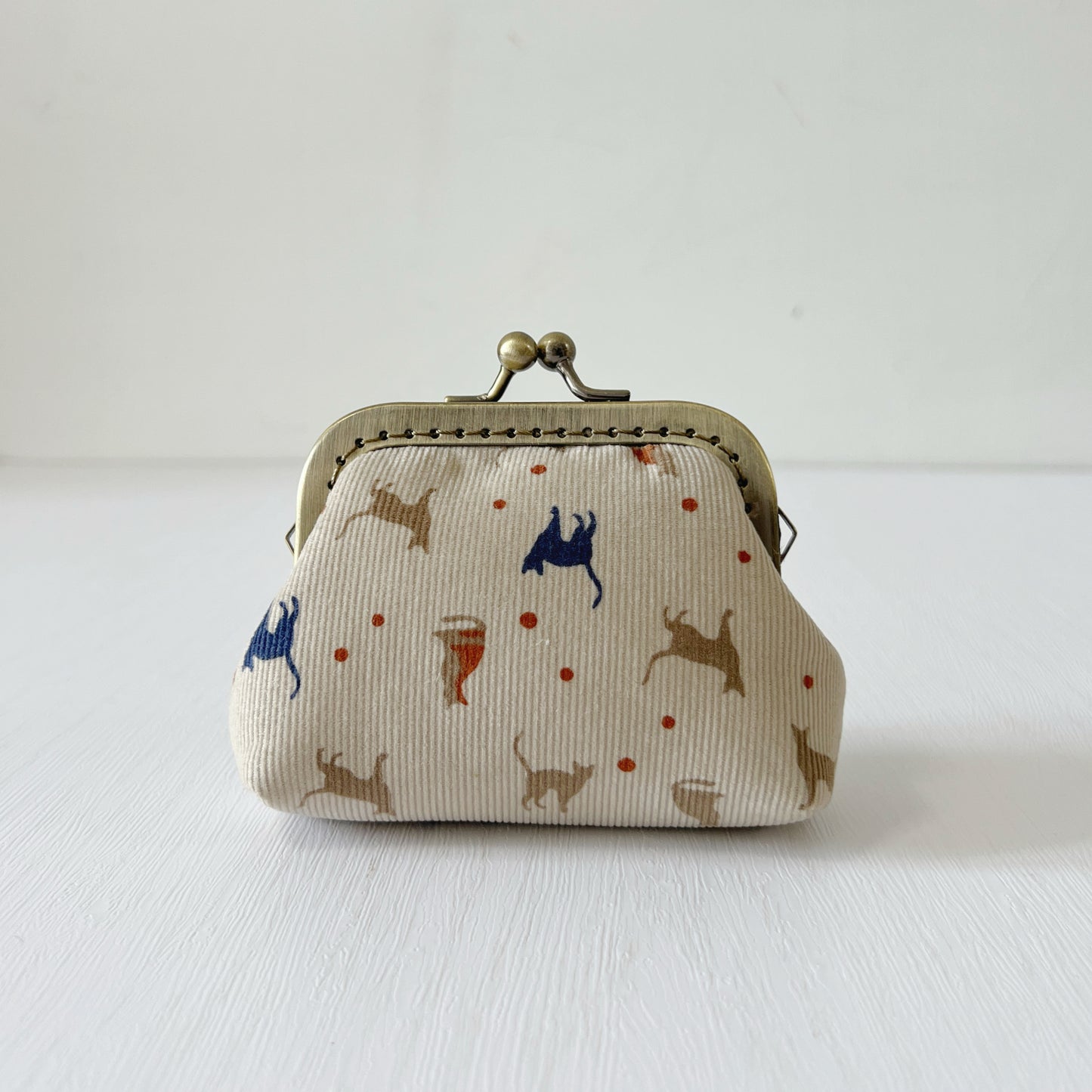 Beige Cats Corduroy Fabric Kiss Lock Purse - Handmade Accessory Purse
