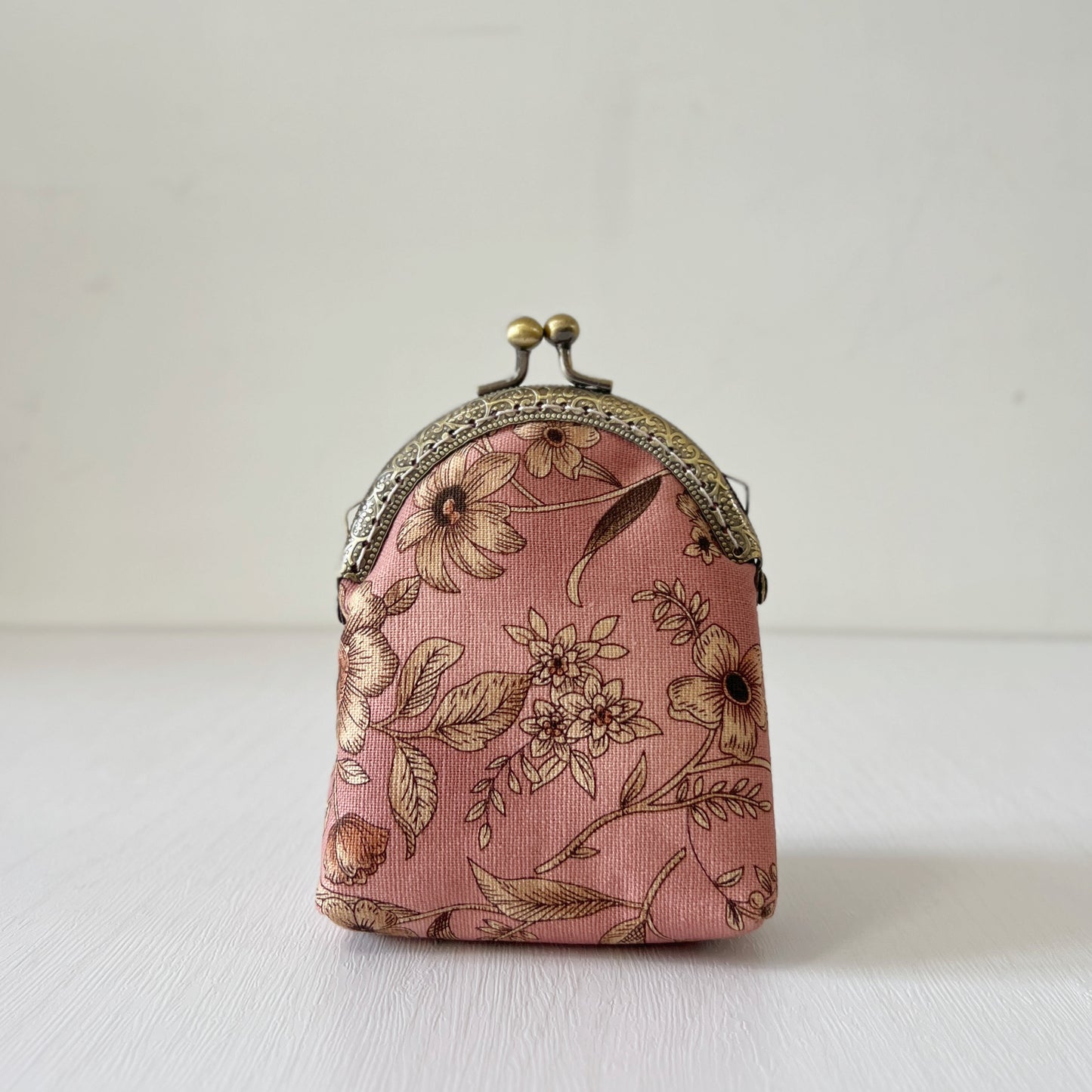 Old Pink Floral Fabric Kiss Lock Purse - Handmade Accessory Pink Fabric Pouch