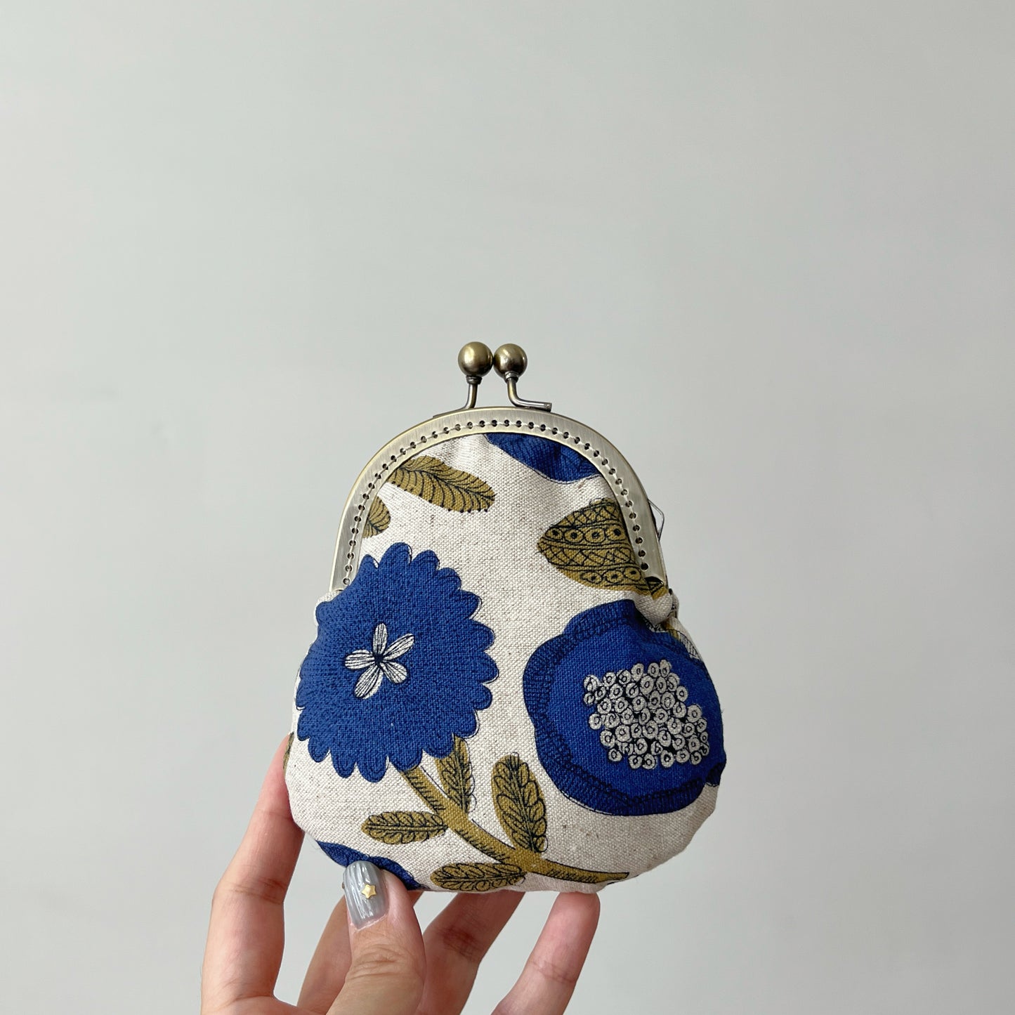 Cotton Canvas Blue Floral Fabric Kiss Lock Purse - Handmade Accessory Fabric Pouch