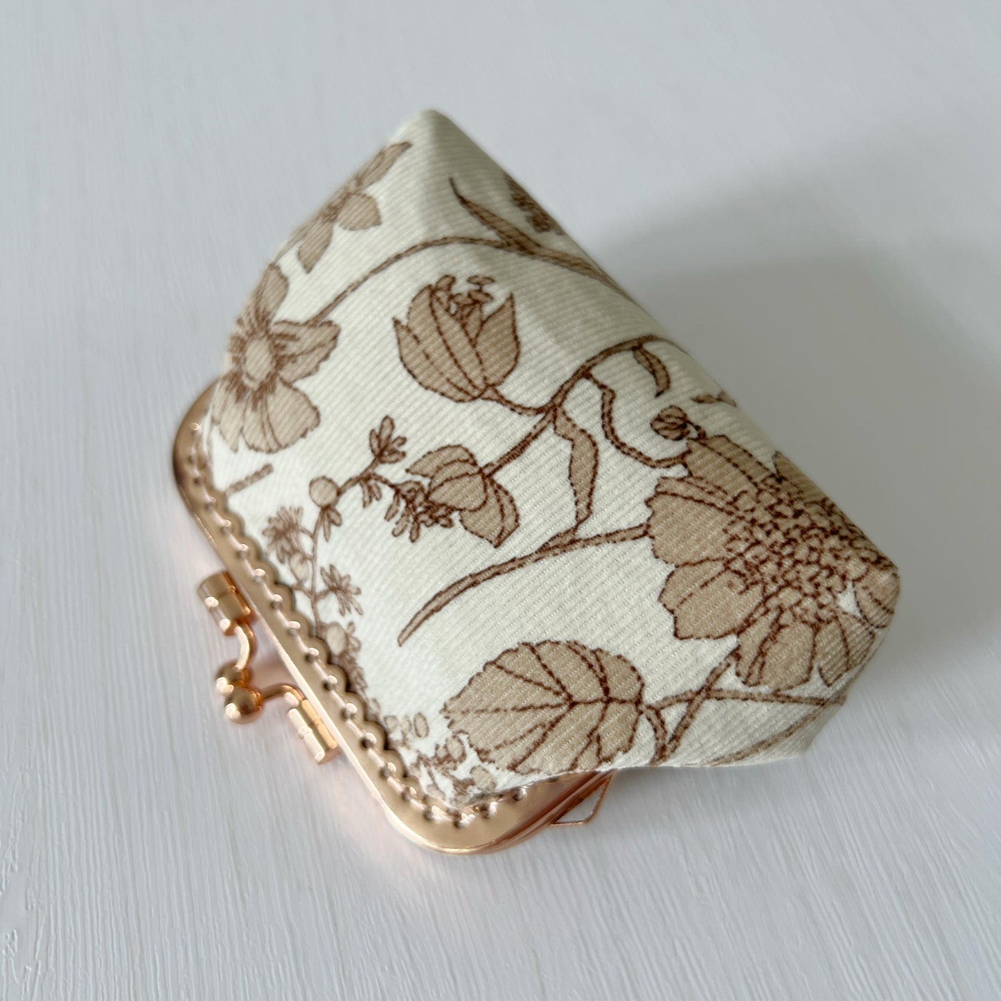 Beige Cream Floral Fabric Kiss Lock Purse - Handmade Accessory Purse