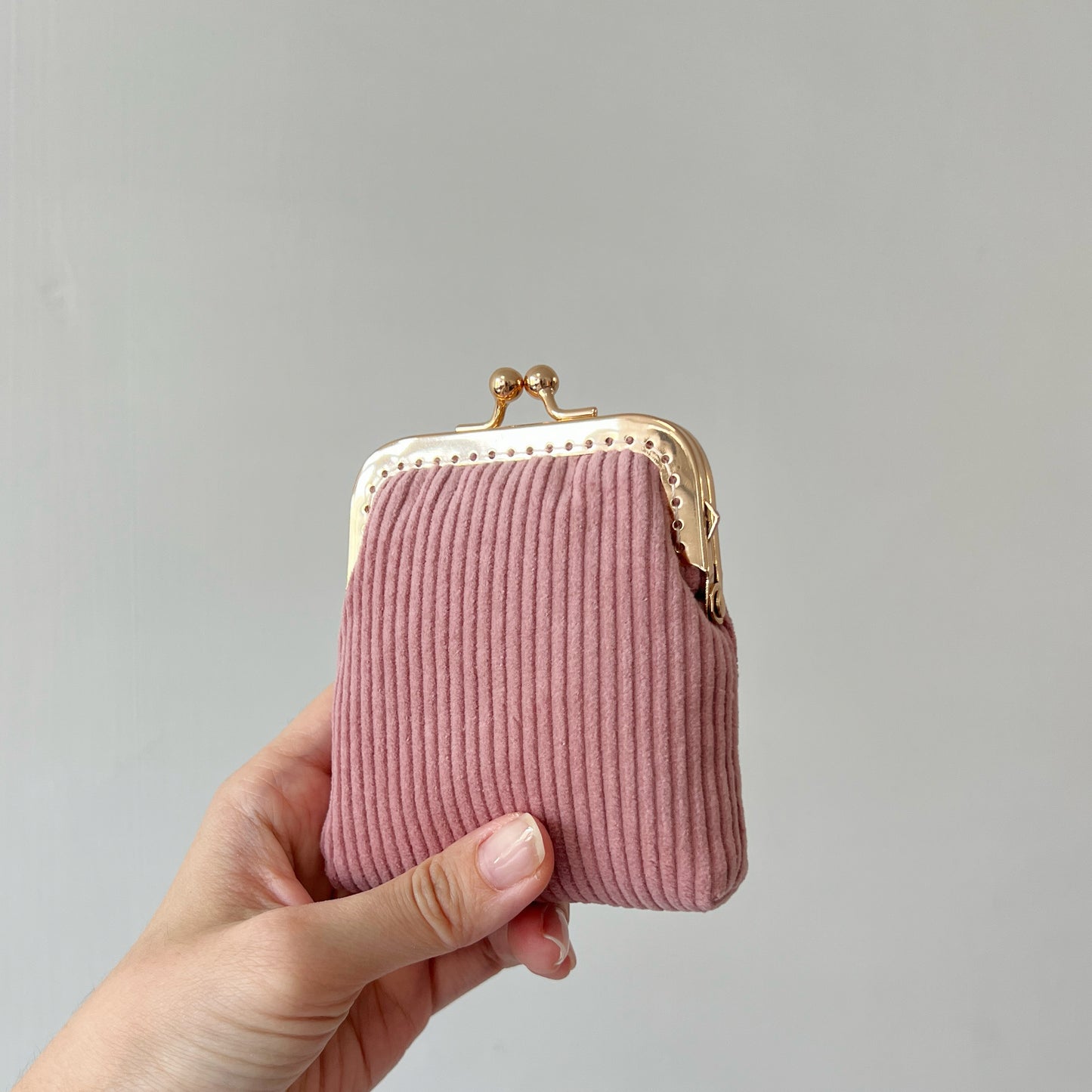 Pink Corduroy Card Purse - Handsewn Kiss Lock Purse