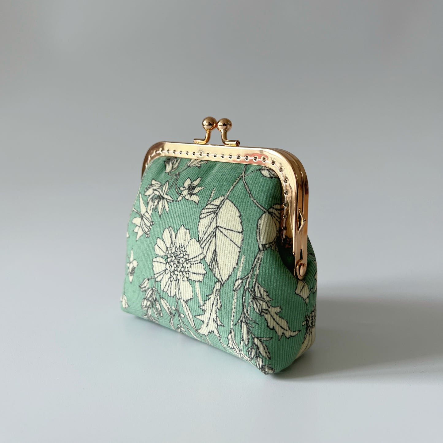 Mint Green Floral Corduroy - Handsewn Kiss Lock Card Purse