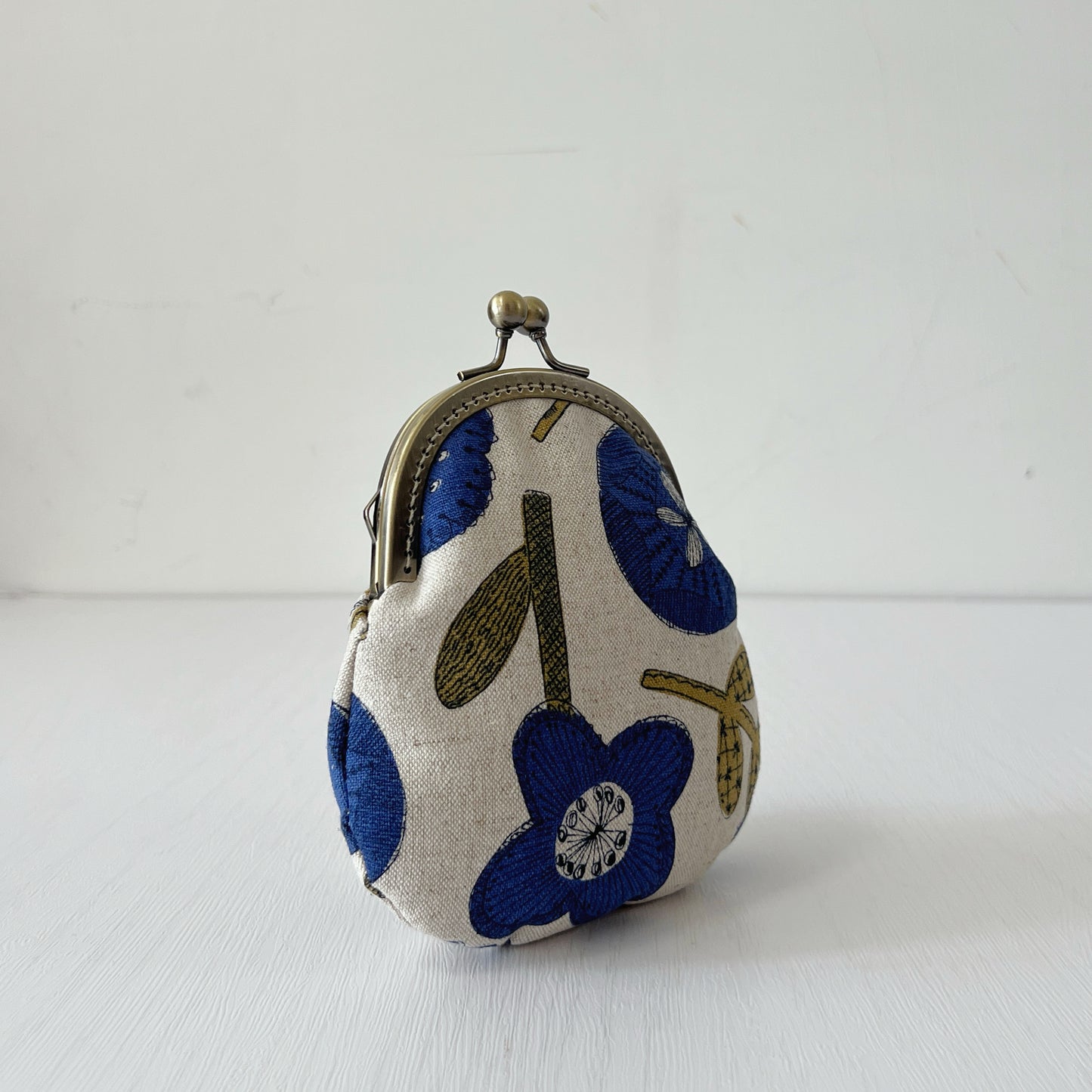 Cotton Canvas Blue Floral Fabric Kiss Lock Purse - Handmade Accessory Fabric Pouch