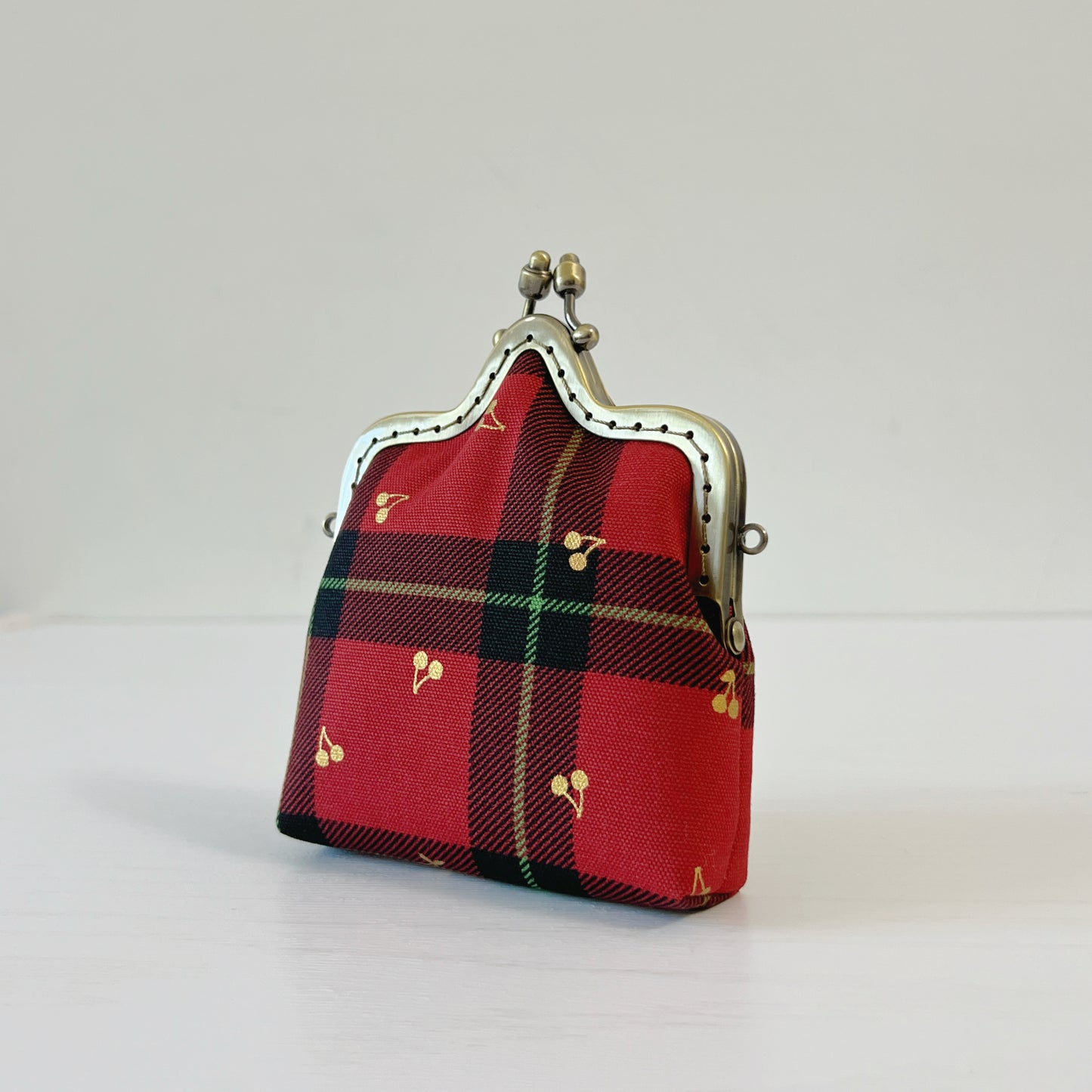Red Tartan Cherries - Handmade Kiss Lock Crossbody Small Purse