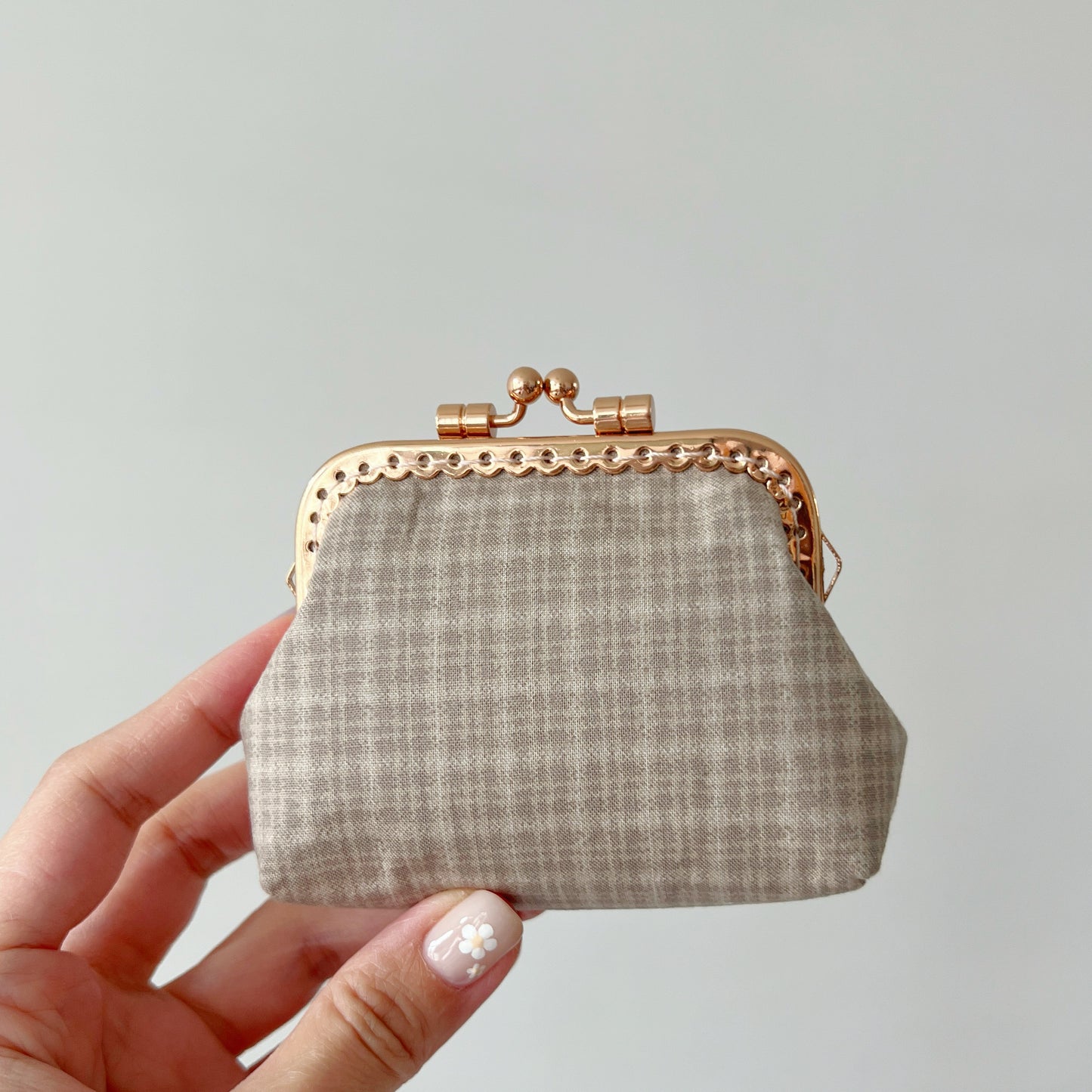 Beige Cube Tartan Fabric Kiss Lock Purse - Handmade Accessory Pouch - Rose Gold Metal Clasp