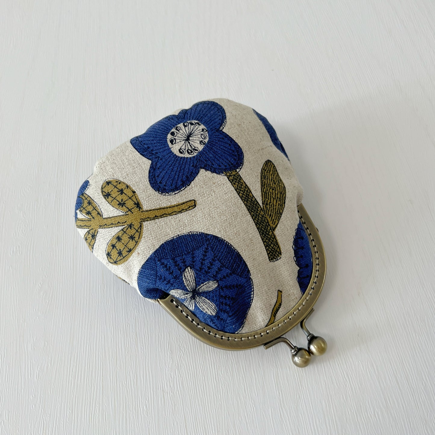 Cotton Canvas Blue Floral Fabric Kiss Lock Purse - Handmade Accessory Fabric Pouch