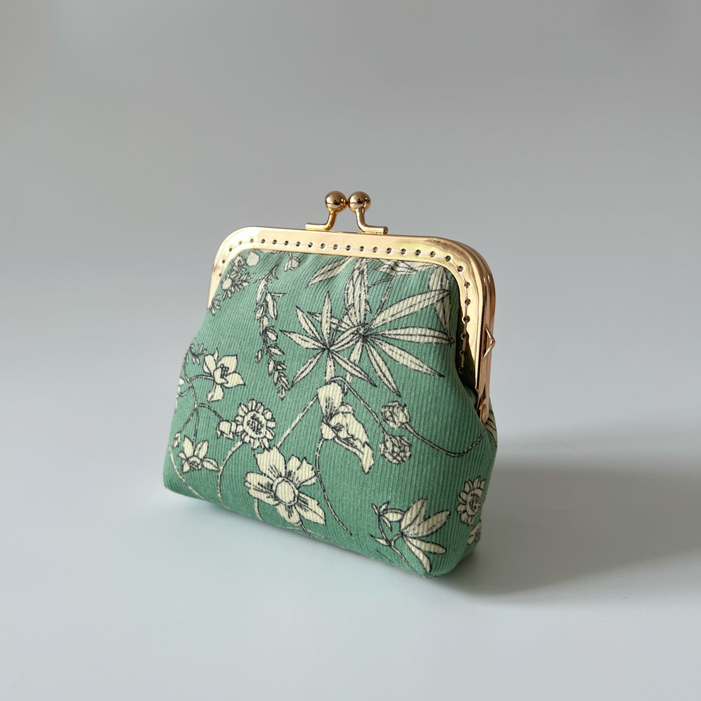 Mint Green Floral Corduroy - Handsewn Kiss Lock Card Purse